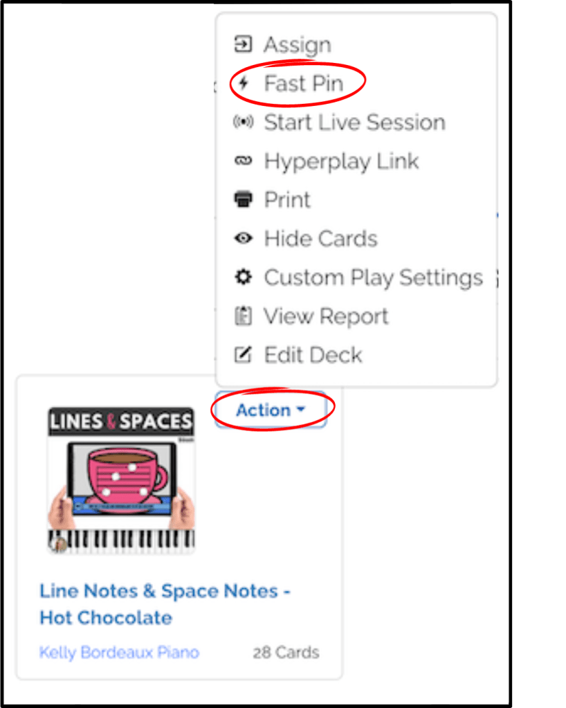 Image of a deck of Boom Cards inside the Boom Cards library with the Action button clicked and the dropdown menu showing where the button is located to create a FastPin.