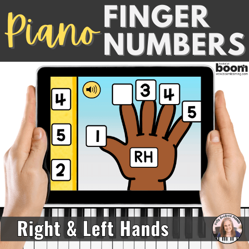 Image of a brown right hands with numbered fingers. Three numbers on the left side of the card - 4, 5, and 2. Text reads - Piano Finger Numbers - Right & Left Hands